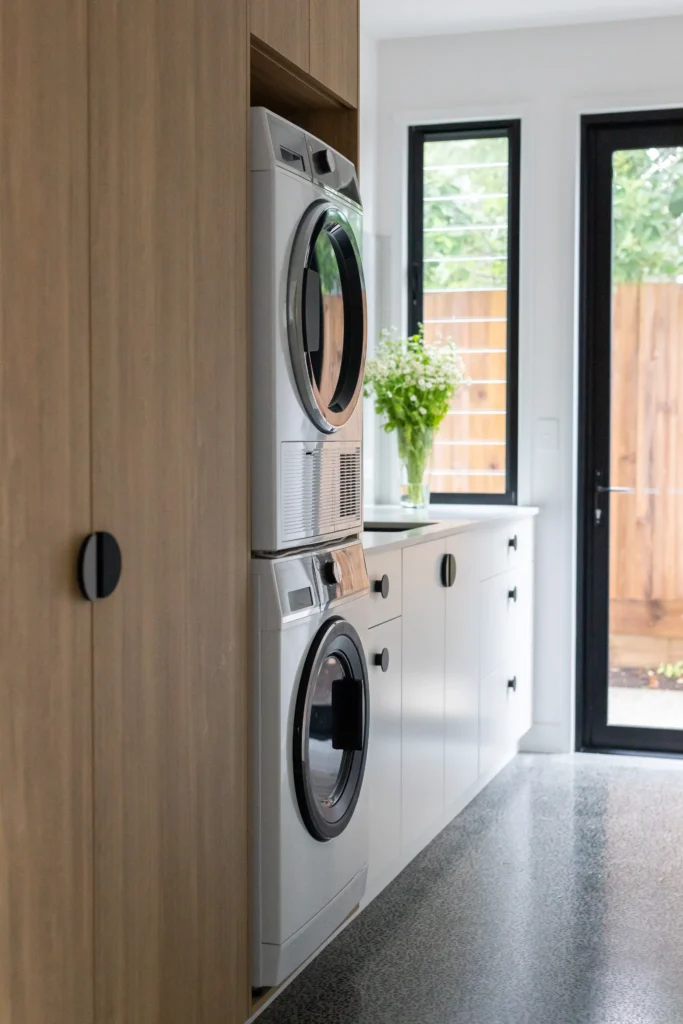 Stacked washer and dryer in timber laundry cabinetry with garden doors beyond