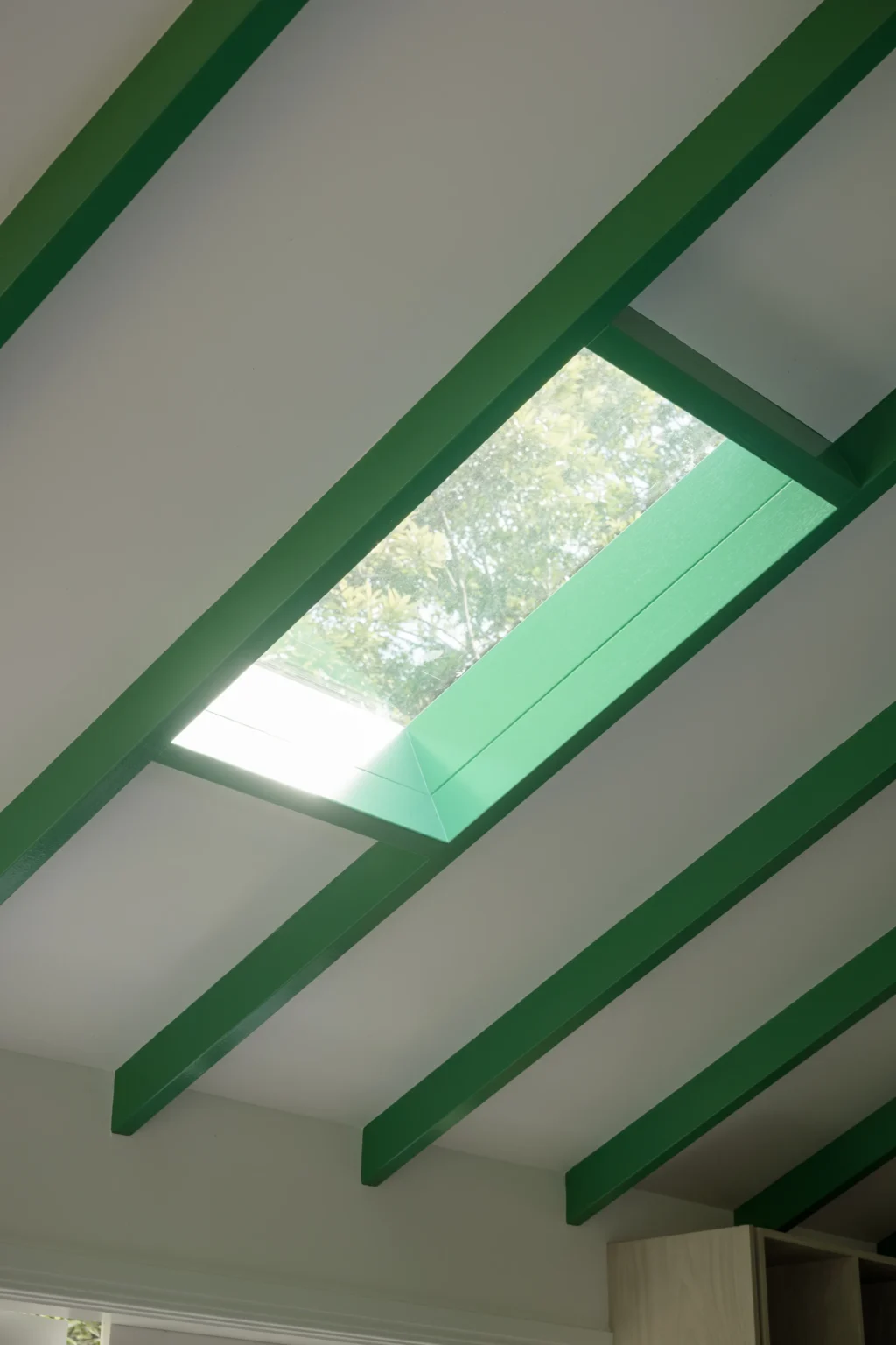 Green ceiling beams framing a skylight with tree canopy view