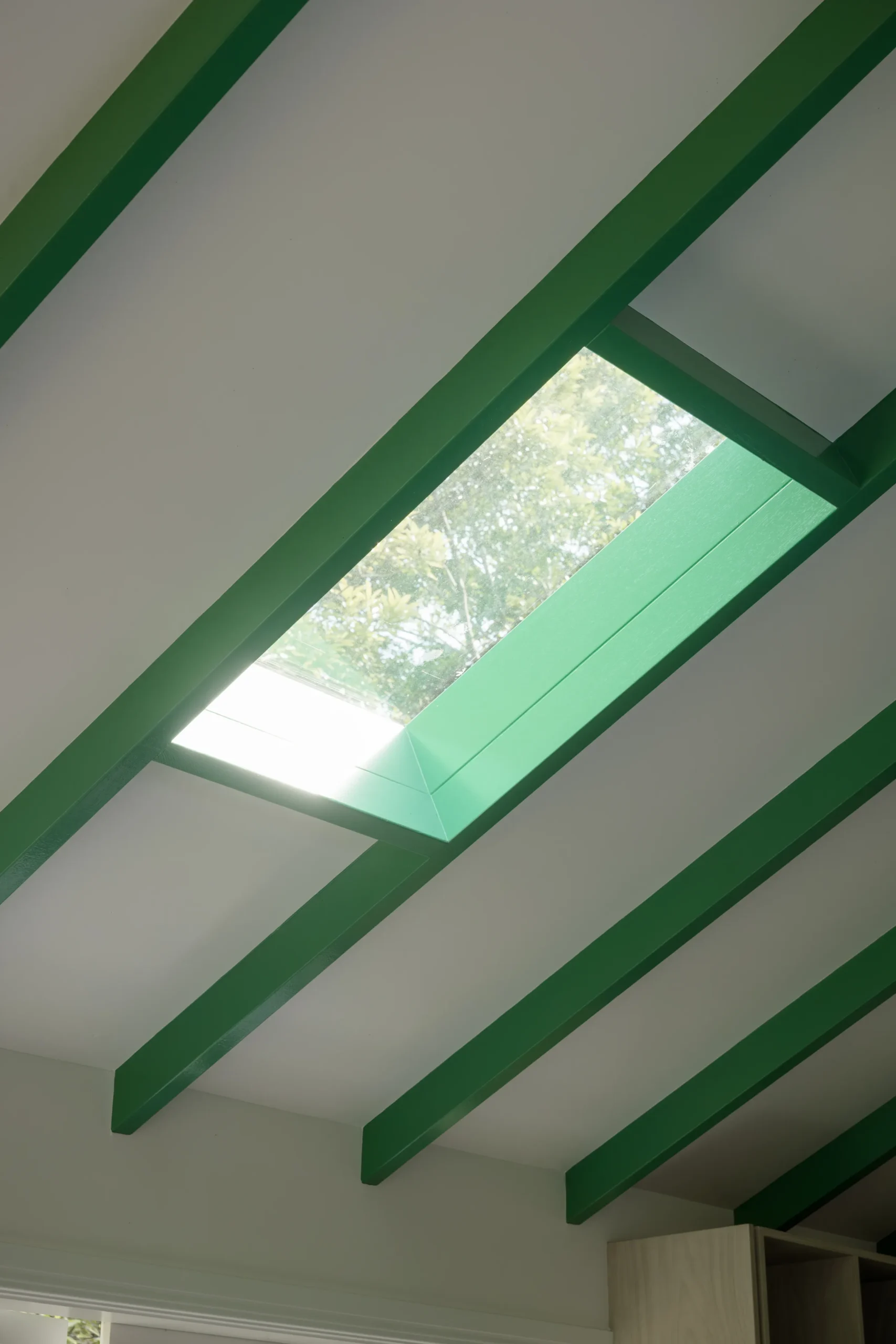 Green ceiling beams framing a skylight with tree canopy view